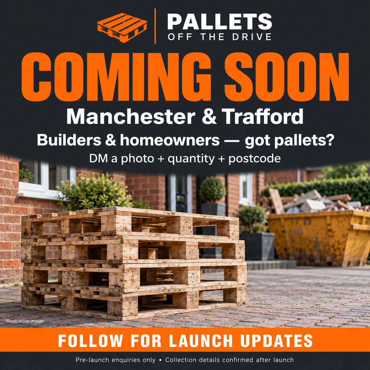 Pallets Off The Drive — Coming Soon Save your skip. We’ll take the pallets. We’re a local pallet collection business preparing to launch across Manchester and Trafford. We’ll help homeowners, builders, landscapers and renovation teams clear unwanted reus